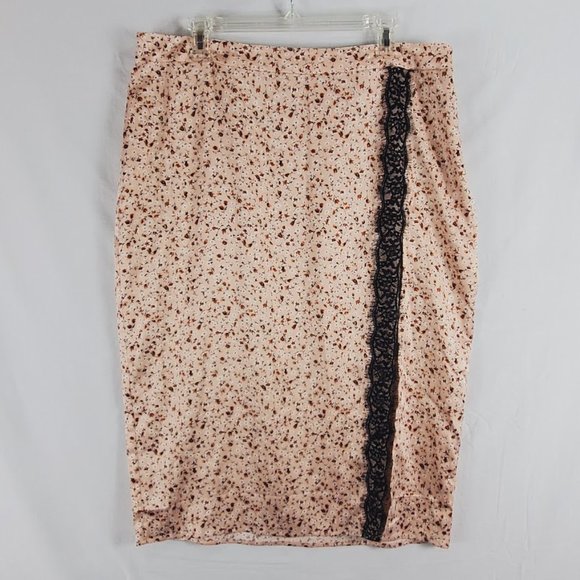 Leith Lace Trim Satiny Midi Skirt XL NWT Pink Smoke Ditsy Floral - Picture 2 of 5